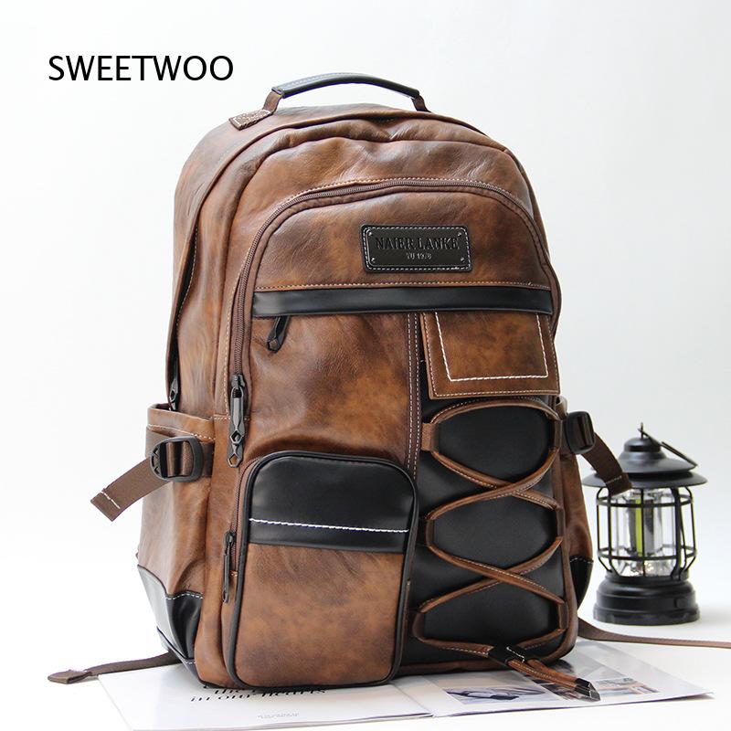 Men Brown Color Block Faux Lea - Leather Backpack Vintage ulasan dan harga
