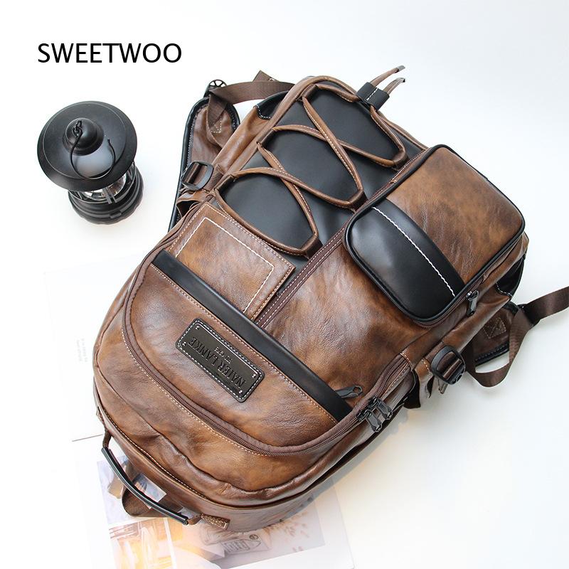 Men Brown Color Block Faux Lea - Leather Backpack Vintage ulasan dan harga