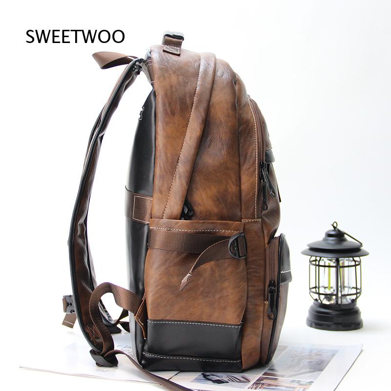Men Brown Color Block Faux Lea - Leather Backpack Vintage ulasan dan harga