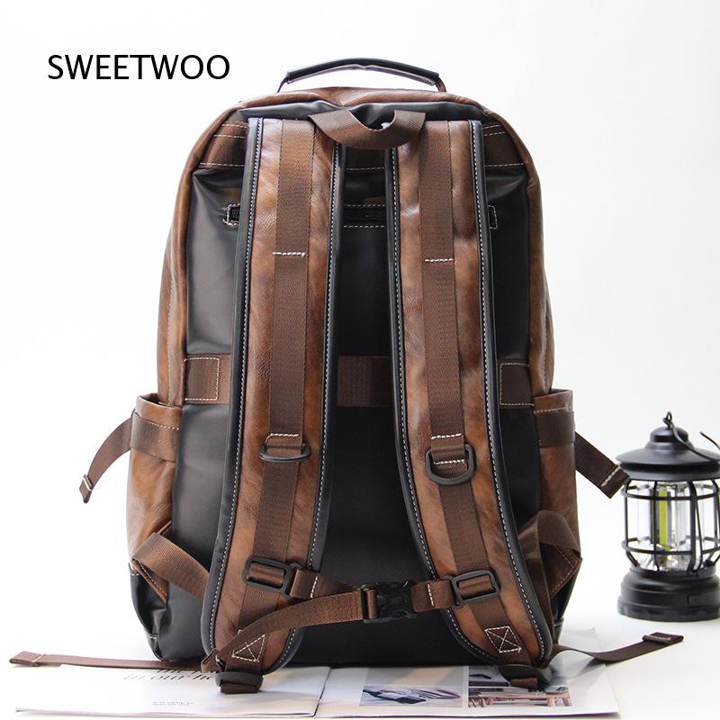 Men Brown Color Block Faux Lea - Leather Backpack Vintage ulasan dan harga